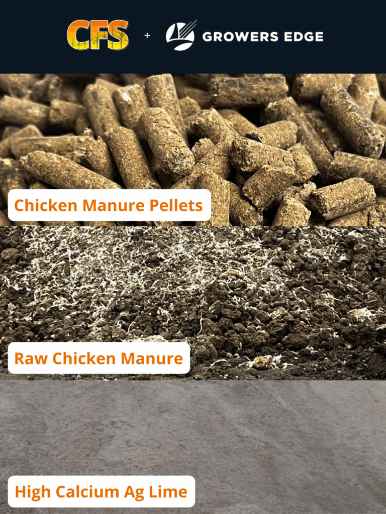 An image of chicken pellets, raw chicken manure, and ag lime for input financing program.