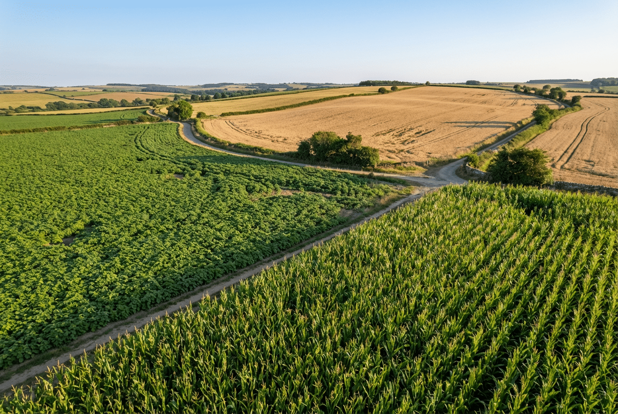 Rows of corn, soybeans, and small grains growing in a managed agricultural field.