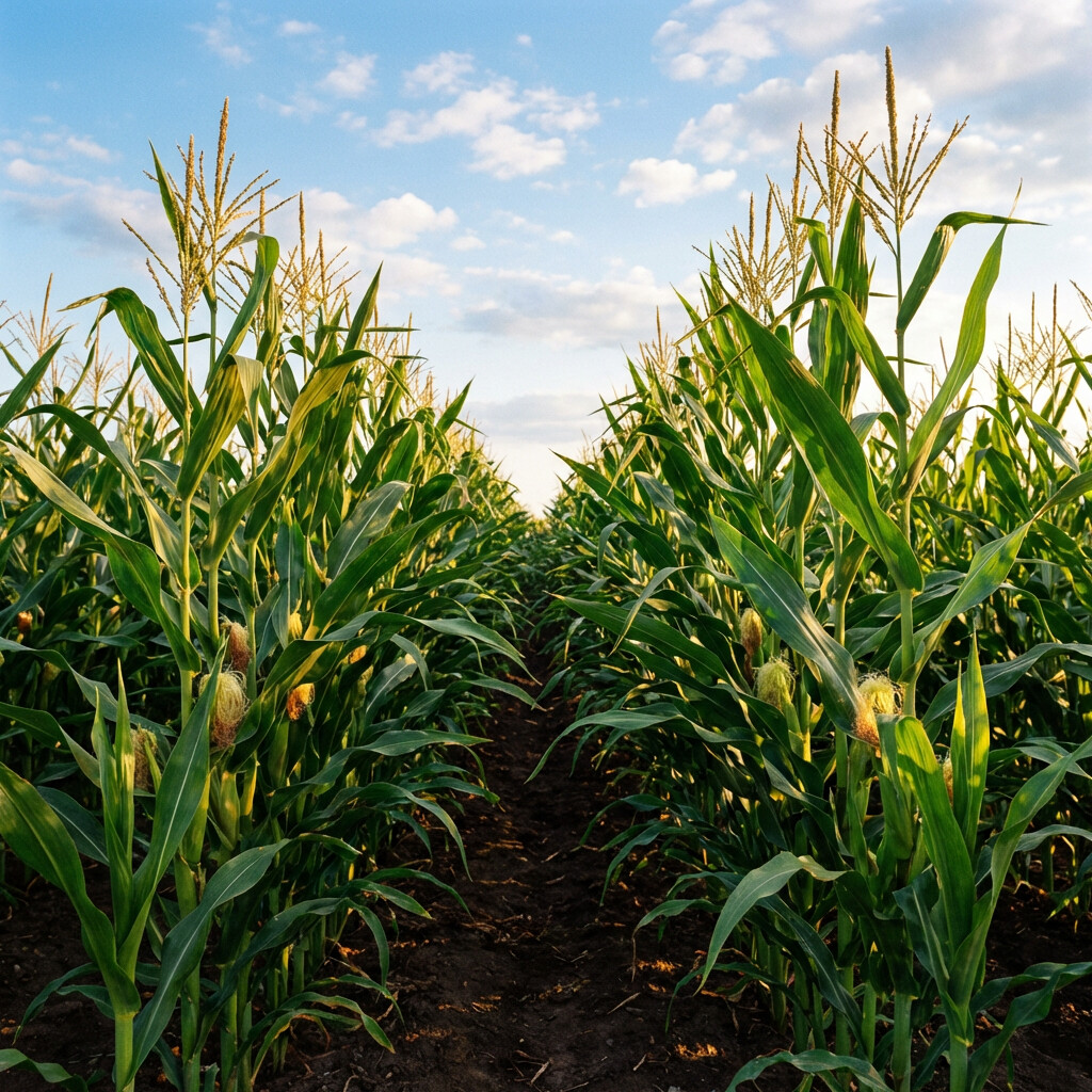 Close up view of a field of healthy corn grown with edequate fertilizer and compost