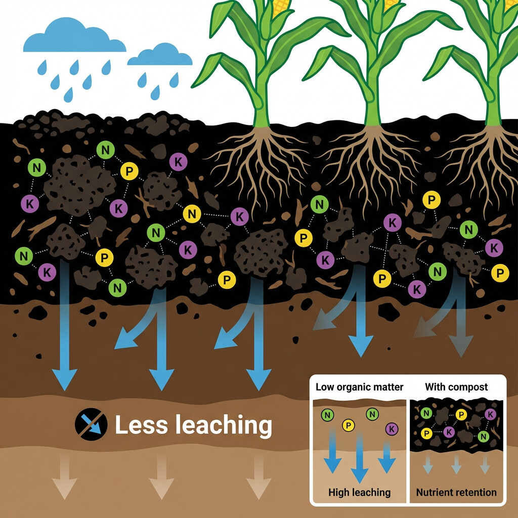 Illustration that shows compost reducing the leaching of valuable nutrients