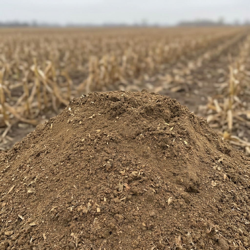 Image shows a pile of premium poultry compost in a harvested corn field