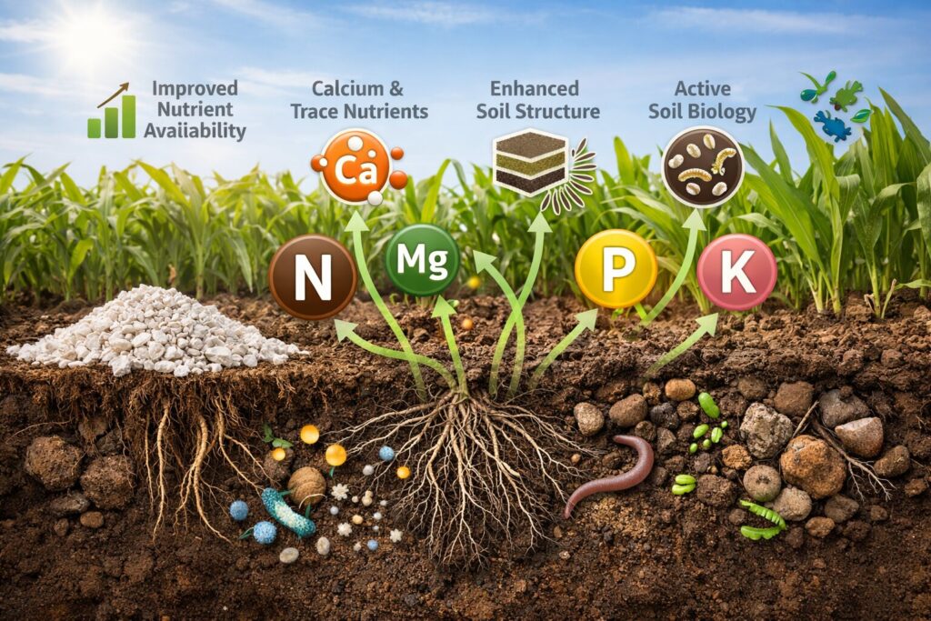 Diagram of crop roots absorbing nutrients from soil treated with eggshell lime, showing improved nutrient availability, added calcium and trace minerals, better soil structure, and increased microbial activity