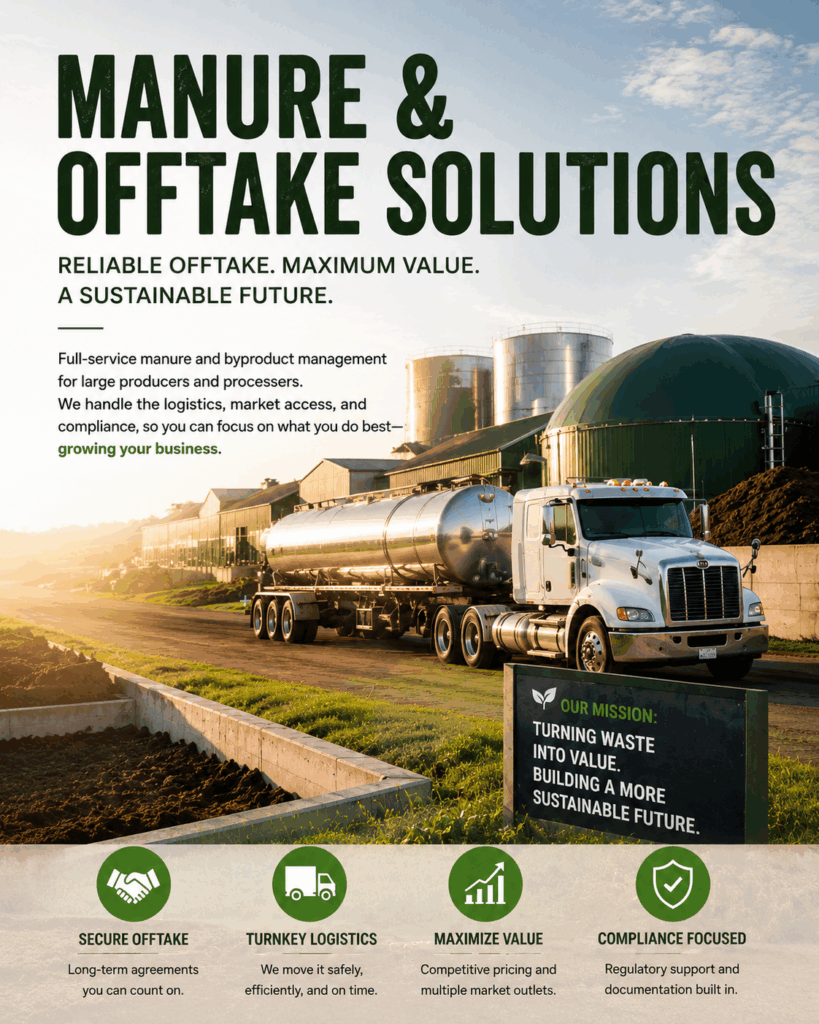 Mobile banner showing manure and offtake logistics truck and sustainable nutrient management facility
