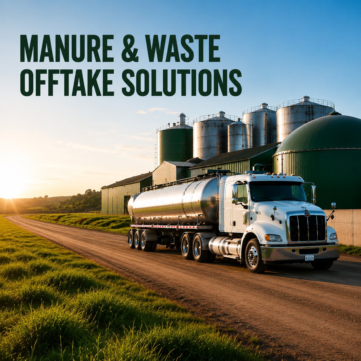 Mobile banner showing manure and offtake logistics truck and sustainable nutrient management facility