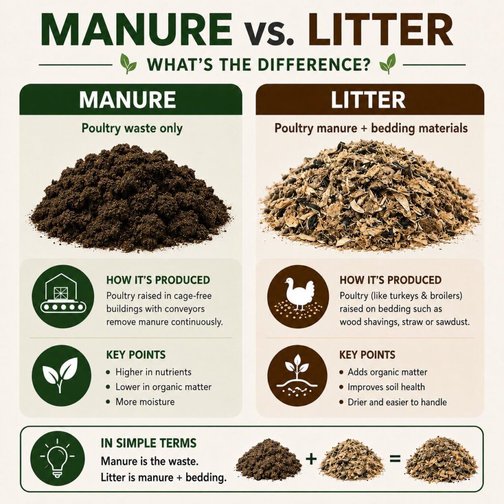 Infographic comparing poultry manure and poultry litter, showing that manure is poultry waste only while litter contains poultry manure mixed with bedding materials such as wood shavings, sawdust, and straw